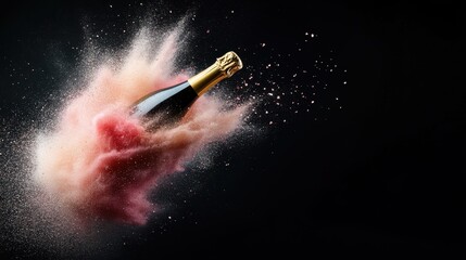 A dynamic and energetic capture of a champagne bottle bursting open, sending colorful powder into the air, embodying celebration and joyous occasions.