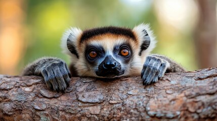A captivating close-up of a lemur peeking over a tree branch, featuring striking eyes and soft fur, perfectly capturing its playful and curious nature in a natural setting.