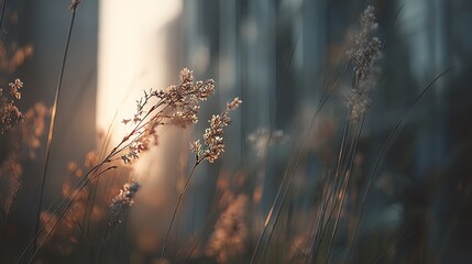 Golden light illuminates dried grass plumes in a blurry, tranquil nature scene