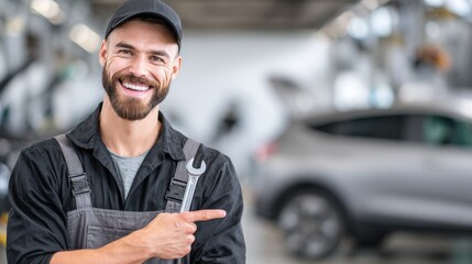 Friendly smiling auto mechanic in uniform pointing at vehicle in modern garage