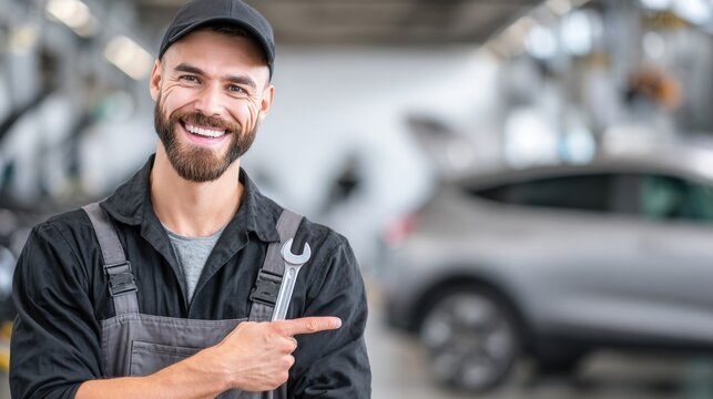 Friendly smiling auto mechanic in uniform pointing at vehicle in modern garage