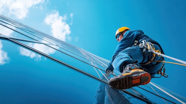 Worker Climbing Glass Building Facade with Safety Harness and Rope Equipment
