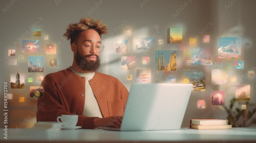 Poster young man with beard using laptop surrounded by floating colorful digital images