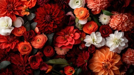 An exquisite array of colorful flowers including roses and dahlias flaunts their beauty, creating a visually stunning and vibrant floral display that delights the senses. © Larisa AI