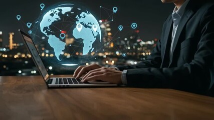 A businessman works on his laptop at night with a digital globe representing global connections - Powered by Adobe