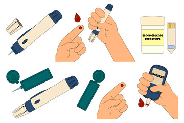 Set of diabetes testing and glucose monitoring with lancets, test strips, blood samples, and glucometer. Medical illustration isolated on white background. Concept of chronic illness and healthcare.