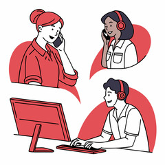 Customer service concept illustrations. Collection of individual scenes for technical support assistant, customer and operator vector. Customer service, hotline operator advises customer, online