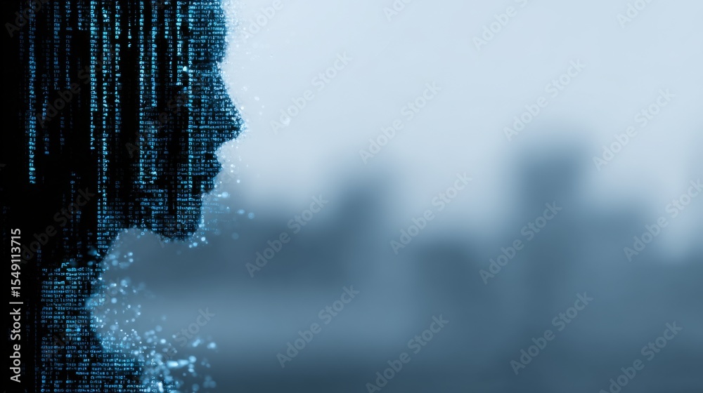 Aufkleber Digital face made of blue pixelated data points with futuristic artificial ligence theme