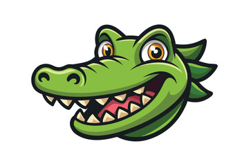 A cheerful green alligator head smiles, revealing its white teeth and pink tongue delightfully