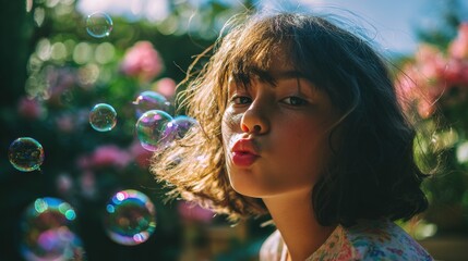 Young woman outdoors blowing bubbles in sunlight surrounded by colorful flowers and greenery