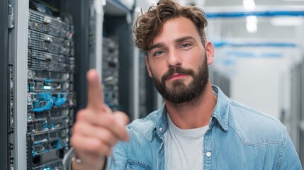 Male technician inspecting server room with rack-mounted equipment in data center