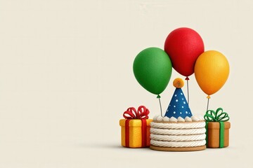 Colorful birthday cake adorned with festive balloons and smiling gifts celebrating joy and happiness in a vibrant party atmosphere with playful charm captured with clarity