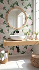 Fresh Bathroom Styling Ideas with Floral Wallpaper and Natural Accents  