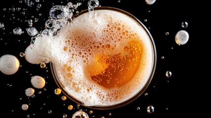 A glass of beer filled with foam and rising bubbles presents an energetic and lively scene, ideal for celebrating gatherings and moments of enjoyment with friends.