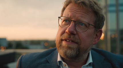 Man in glasses gazes skyward, warm light, cityscape backdrop, thoughtful expression