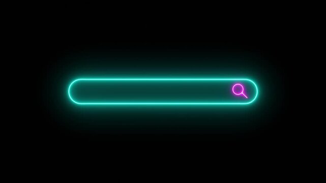 Seamless Loop Magnifying glass Searching Bar Flicker Neon Light Button Sign Symbol. The concept of a search bar in the browser for advertising or slogan. Vibrant glowneon serach bar cyberpunk style