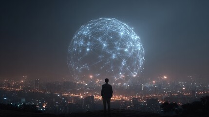 Person contemplates a global network sphere illuminating the modern cityscape with digital connection at night.