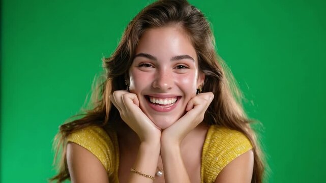 Radiant Smile on Green: A woman with long brown hair and an infectious smile poses against a vibrant green backdrop, hands resting on her chin in a portrait of youthful exuberance.