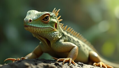 Obraz premium Lizard sunbathing on a rock in a lush green environment during a warm afternoon, showcasing its vibrant colors and intricate textures Generative AI