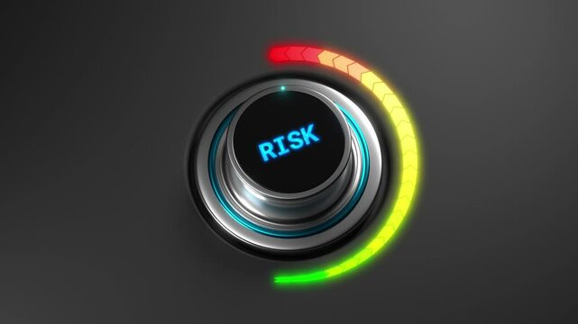 3D animation of a rising risk level on a color dial from green to red. Perfect for financial, medical, safety, or decision-making related visuals