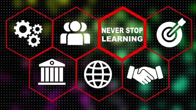 A Never Stop Learning concept on a futuristic .Hi tech motion graphic background, white flickering dots on dark background . black background 4 collar animation. 4k video animation.