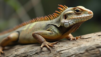 Fototapeta premium Colorful lizard basking on a log in a lush environment during daytime in a natural habitat setting Generative AI