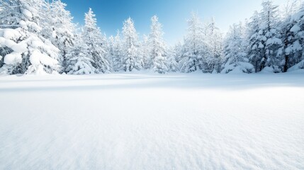 Obraz premium A breathtaking winter landscape filled with snow-covered trees under a clear blue sky, embodying the tranquility and beauty of nature during the cold season.