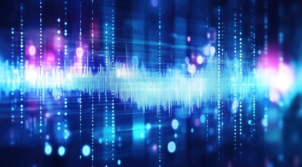 Fototapeta premium Soundwave Visualization: A vibrant abstract portrayal of a soundwave pulses with energy, its dynamic lines and glowing particles symbolizing the invisible force of sound, with shades of blue and pink.