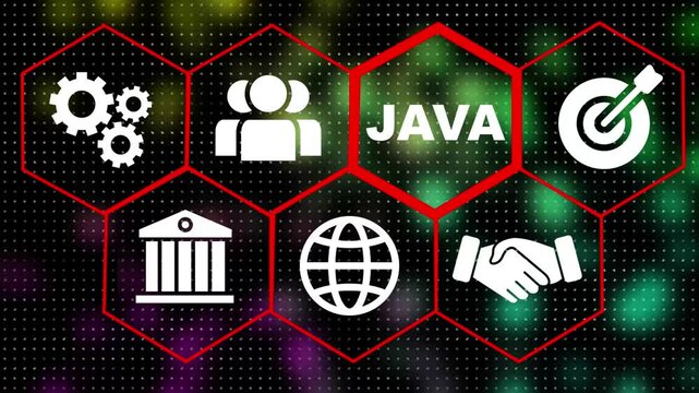 A Java concept on a futuristic .Hi tech motion graphic background, white flickering dots on dark background and java text 4k video animation.