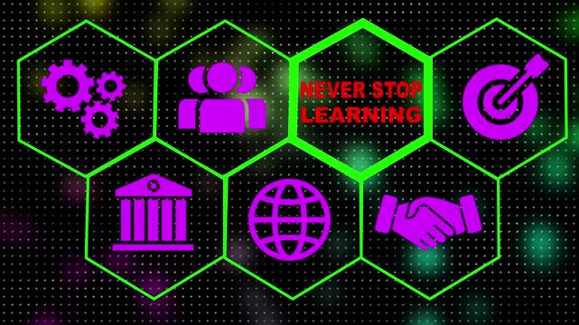 A Never Stop Learning concept on a futuristic .Hi tech motion graphic background, white flickering dots on dark background . black background 4 collar animation. 4k video animation.