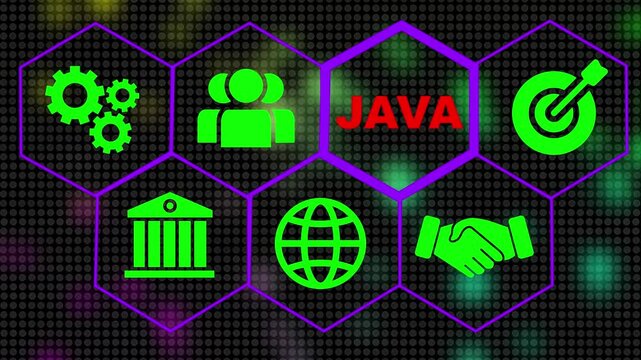 A Java concept on a futuristic .Hi tech motion graphic background, white flickering dots on dark background and java text 4k video animation.