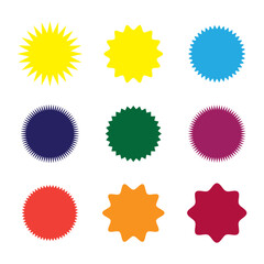 Star round sticker tag icon shape set. Circle starburst label shape for promo, sale, price offer badge sticker. Round tag shape vector icon. Sale, promo label graphic design. Vector ... 
