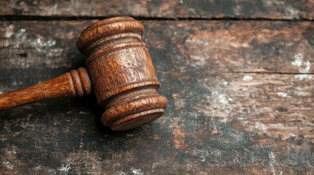 A close-up view of a wooden gavel resting on a weathered rustic wooden table, symbolizing justice, law, and authority in a courtroom or legal setting, embodying professionalism.