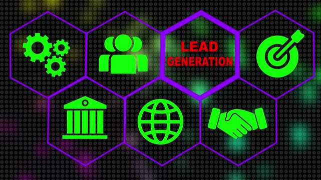 A Lead Generation concept on a futuristic .Hi tech motion graphic background, white flickering dots on dark background .black background 4 coler animation.