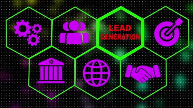 A Lead Generation concept on a futuristic .Hi tech motion graphic background, white flickering dots on dark background .black background 4 coler animation.