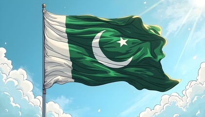 Waving green flag featuring crescent and star symbol against a backdrop of blue sky with clouds in bright daylight representing Pakistan Generative AI