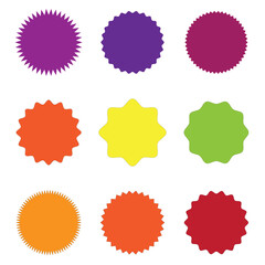 Star round sticker tag icon shape set. Circle starburst label shape for promo, sale, price offer badge sticker. Round tag shape vector icon. Sale, promo label graphic design. Vector ... 