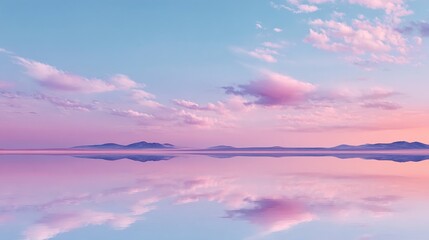 Pink-hued sunrise over water, reflecting soft clouds and distant, dark land
