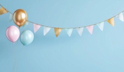 3D rendering of pastel balloons and festive flag banner on blue background for birthday or celebration decoration, vibrant party theme with copy space