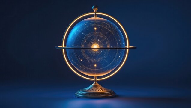 Celestial sphere with star map emitting blue light in dark studio, with metallic ring and pedestal