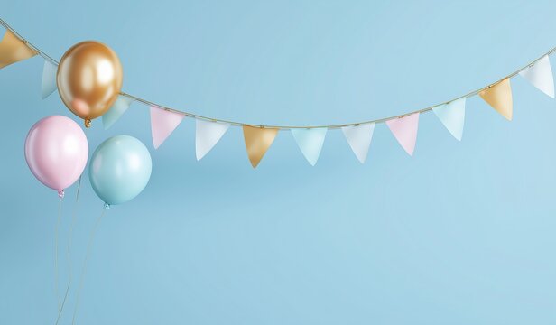3D rendering of pastel balloons and festive flag banner on blue background for birthday or celebration decoration, vibrant party theme with copy space