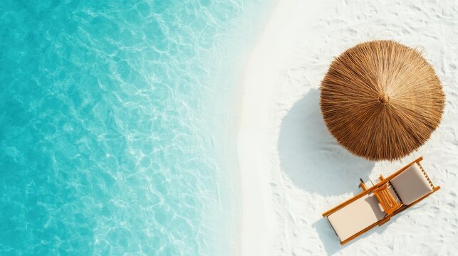 An idyllic view of a tropical beach featuring soft sand, crystal-clear water, and a beach umbrella, embodying relaxation and the essence of paradise living. - Powered by Adobe