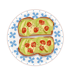 Delicious vector featuring avocado toast with tomatoes on a decorative plate surrounded by floral design.