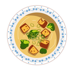Delicious vegetable soup with tofu, featuring vibrant colors and fresh ingredients vector.