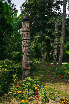 Wooden totem in a natural environment