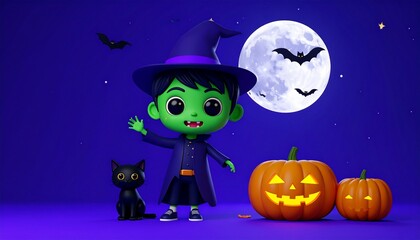 Fototapeta premium A charming Halloween scene featuring a friendly witch, black cat, and jack-o'-lanterns under a full moon. The scene is filled with spooky fun and whimsical elements