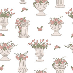 Seamless pattern hand drawn style vector illustration for occasions, wedding and events of floral columns and pot