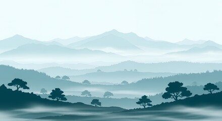 Misty Blue Mountain Landscape Silhouette with Trees in Foggy Valley