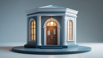Fototapeta premium Displaying pavilion-style model on circular platform, with columns, arched windows and double door