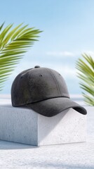 Black and White Textured Baseball Cap on Grey Platform Against Tropical Background